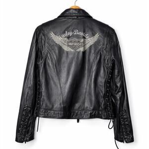 Harley Davidson Genuine Leather Jacket Women’s M Black Lace-Up Moto Biker Y2K
